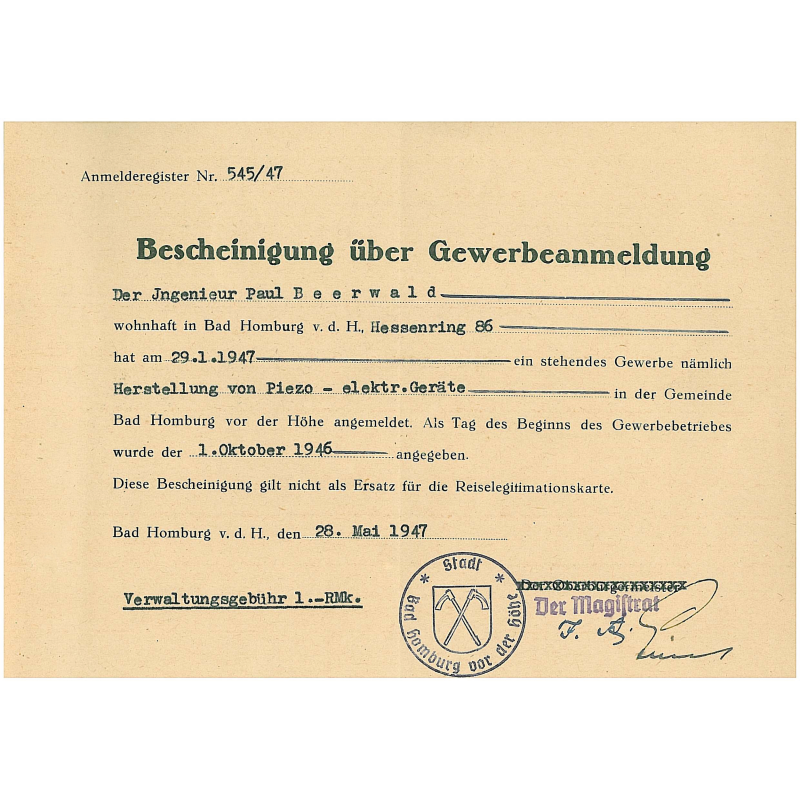 Dokument von 1947: Bescheinigung über Gewerbeanmeldung von Paul Beerwald