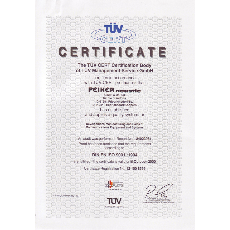 Dokument "TÜV Zertifikat" zur bestandenen IN EN ISO 9001 1997