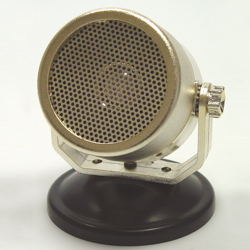Produkt "Kleinlautsprecher KL1", ein Retro-Mikrofon mit rundem, gitterförmigem Design auf einem schwarzen Standfuß.