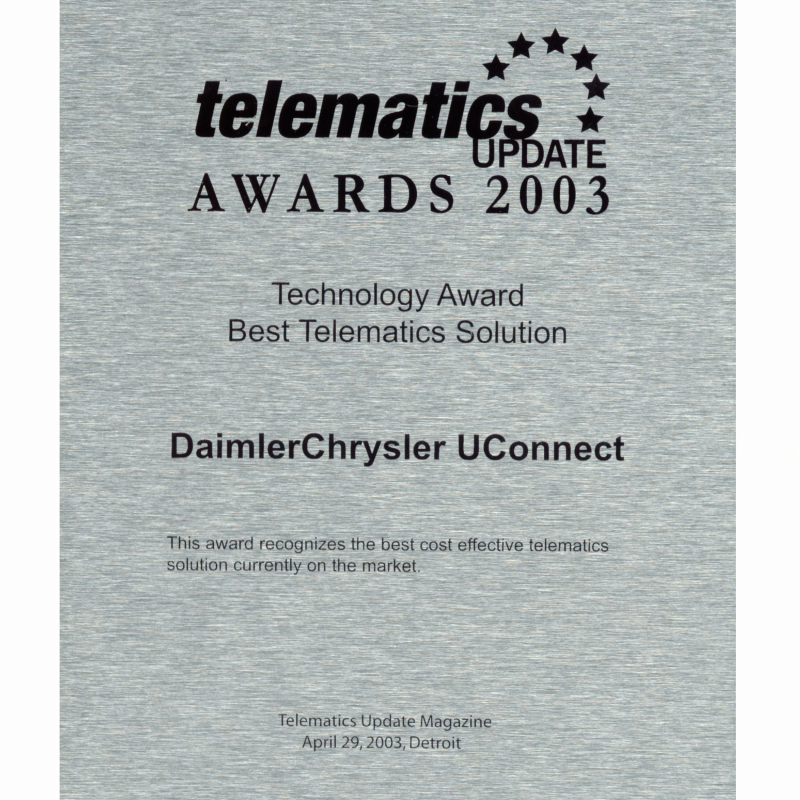 Urkunde des Telematics Awards für die Pkw-Freisprecheinrichtung UConnect 2003
