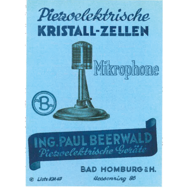 Werbeplakat in Blautönen für Piezoelektrische Kristall-Zellen Mikrophone von Paul Beerwald 