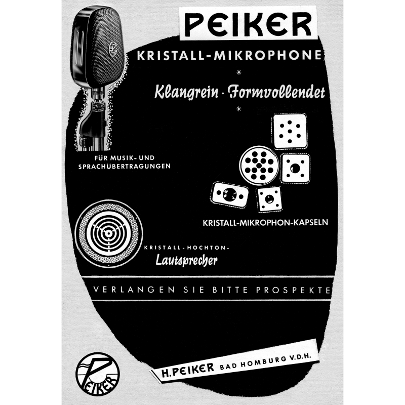 Werbeplakat in Schwarz Weiß für peiker Kristall-Mikrophone auf dem die Vorteile wie klangrein angepriesen werden
