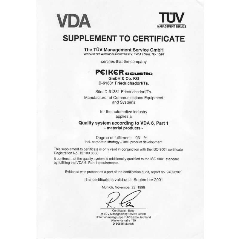 Zertifikat des VDA und TÜV zum bestandenen Qualitätsmanagement 1998 auf weißem Papier gedruckt