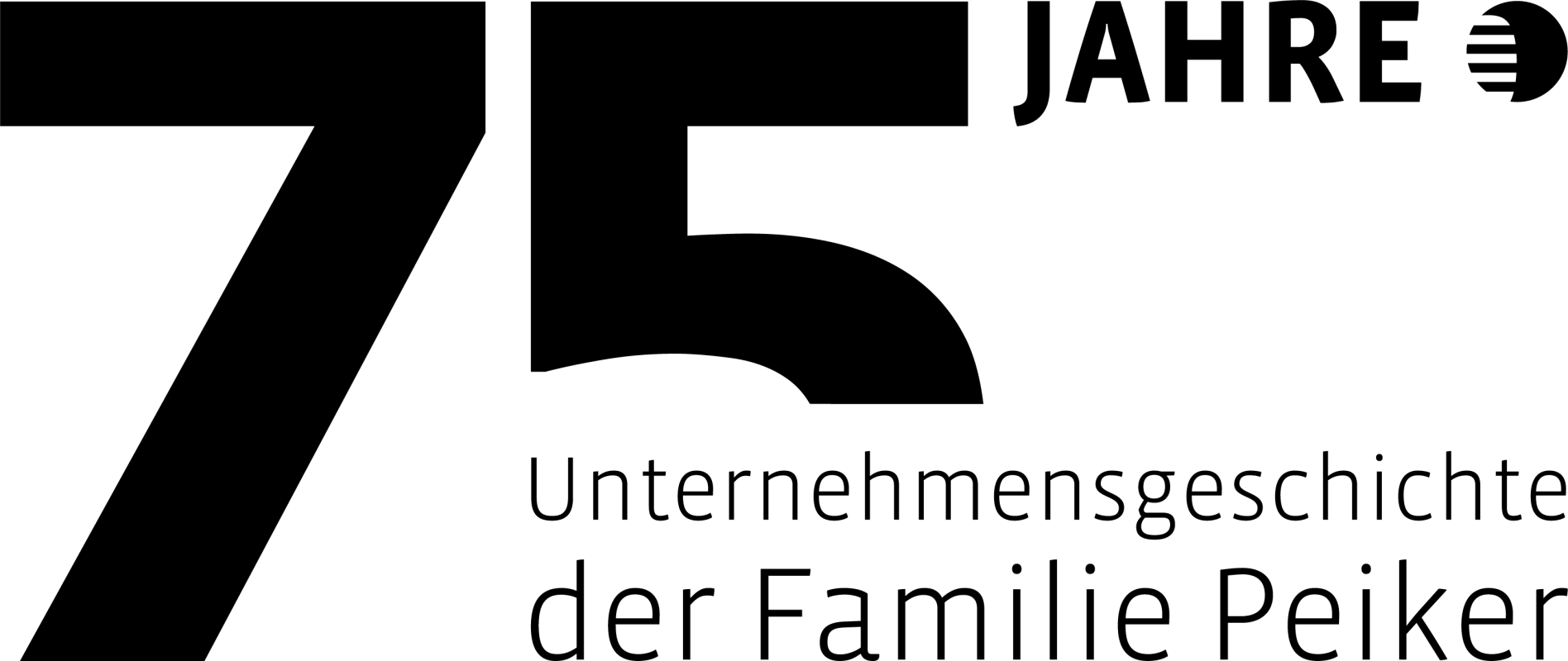 Logo zeigt den Schriftzug 75 Jahre mit dem alten Peiker Logo als Dot, als Mikrofon und darunter steht Unternehmensgeschichte der Familie Peiker